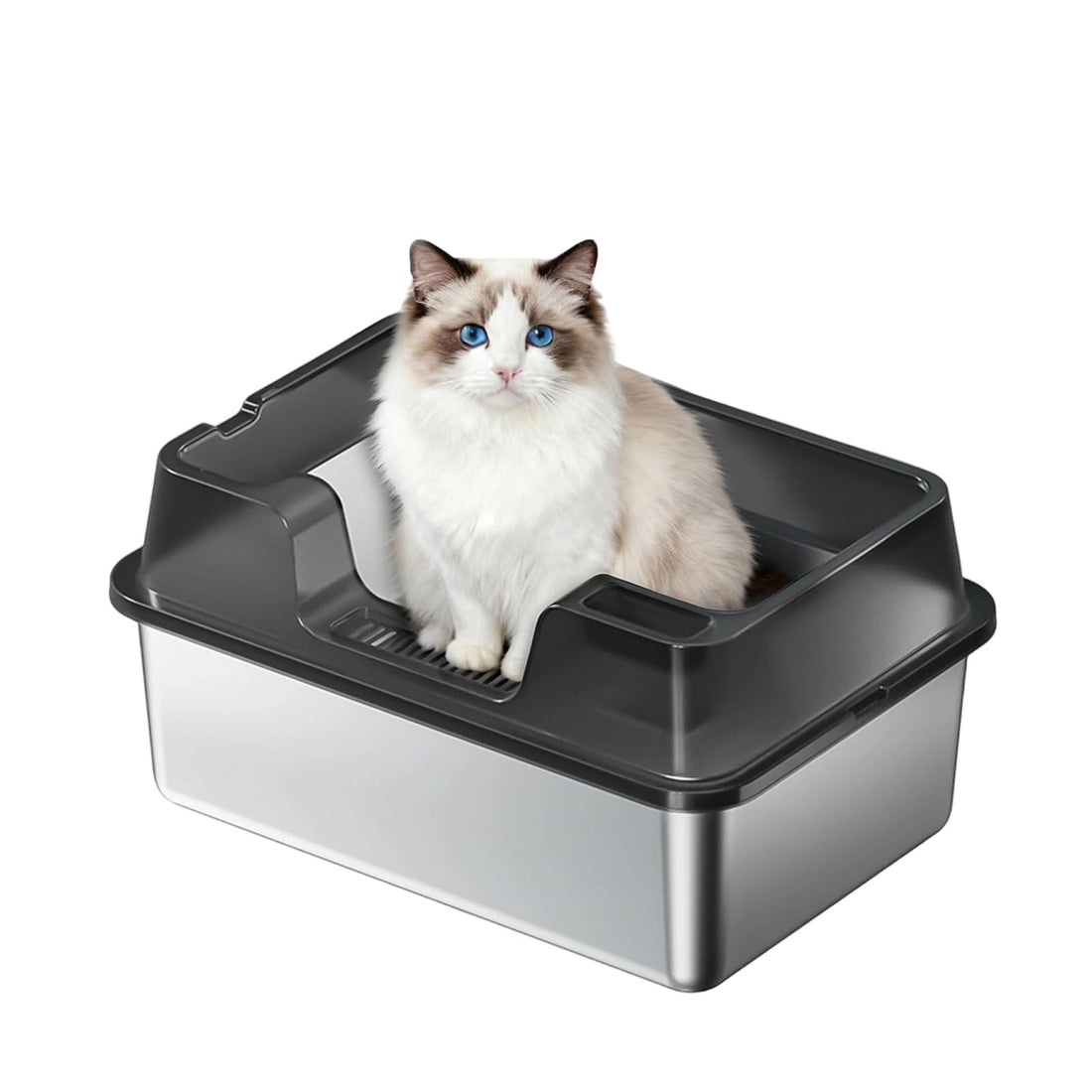 Garvee Arenero de Gato de Acero Inoxidable Talla L, con Bordes Altos y Alfombra Antideslizante, 50x35x27cm, Negro, para Hogares con Múltiples Gatos