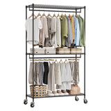 Garvee Perchero de Pie Metalico Resistente con Ruedas Estantes Inferiores y Barras Ajustables Ahorra Espacio, Negro