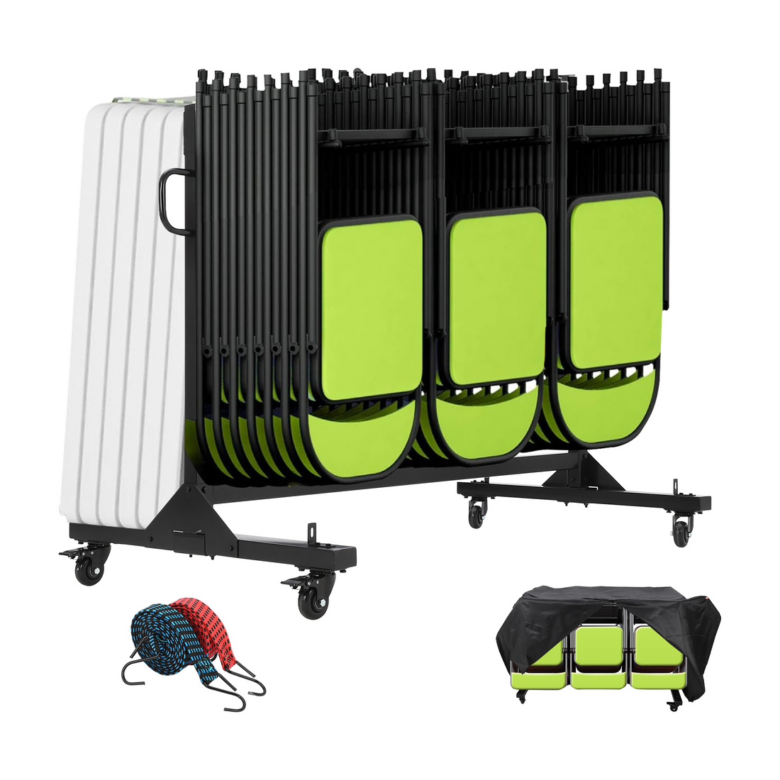 Garvee Carro de Transporte para 42 Sillas Plegables de Acero con Capacidad de 180 kg y Cubierta Impermeable para Eventos y Almacenamiento, Negro