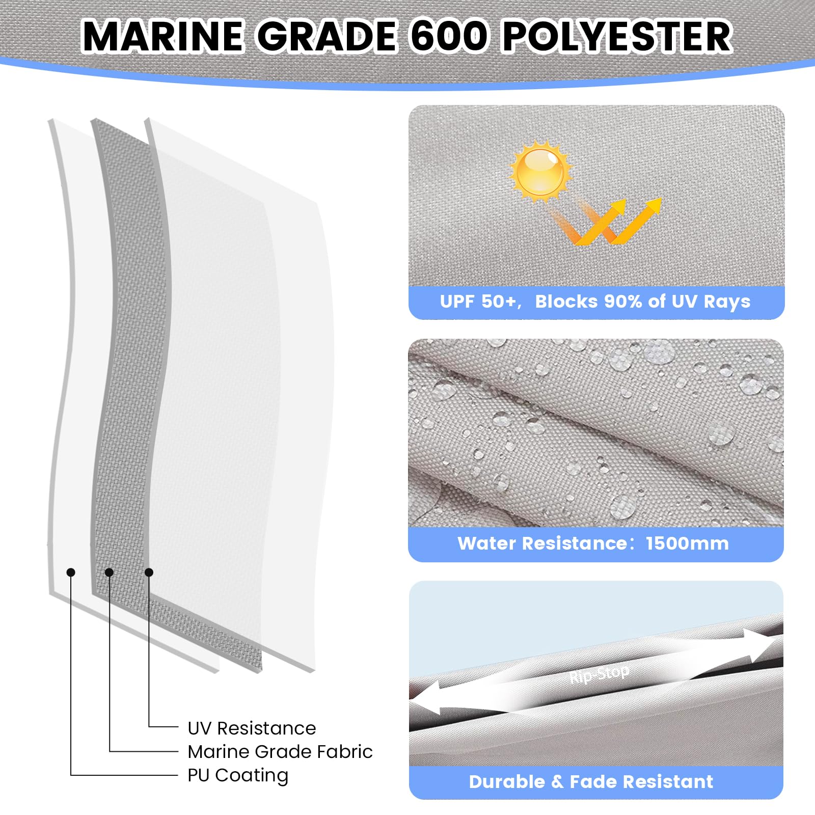 Garvee Toldo Bimini para Barco de 3 Arcos de 183x200-213 cm, Cubierta Protectora de Lona Marina 600D Impermeable y Anti-UV con Cortinas Laterales de Malla Desmontables y Funda de Almacenamiento, Gris