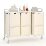 Garvee Cesto para Ropa Sucia de MDF y Hierro Organizador Robusto con Estante Superior 3 Bolsas Extraíbles y Ruedas Blanco y Beige