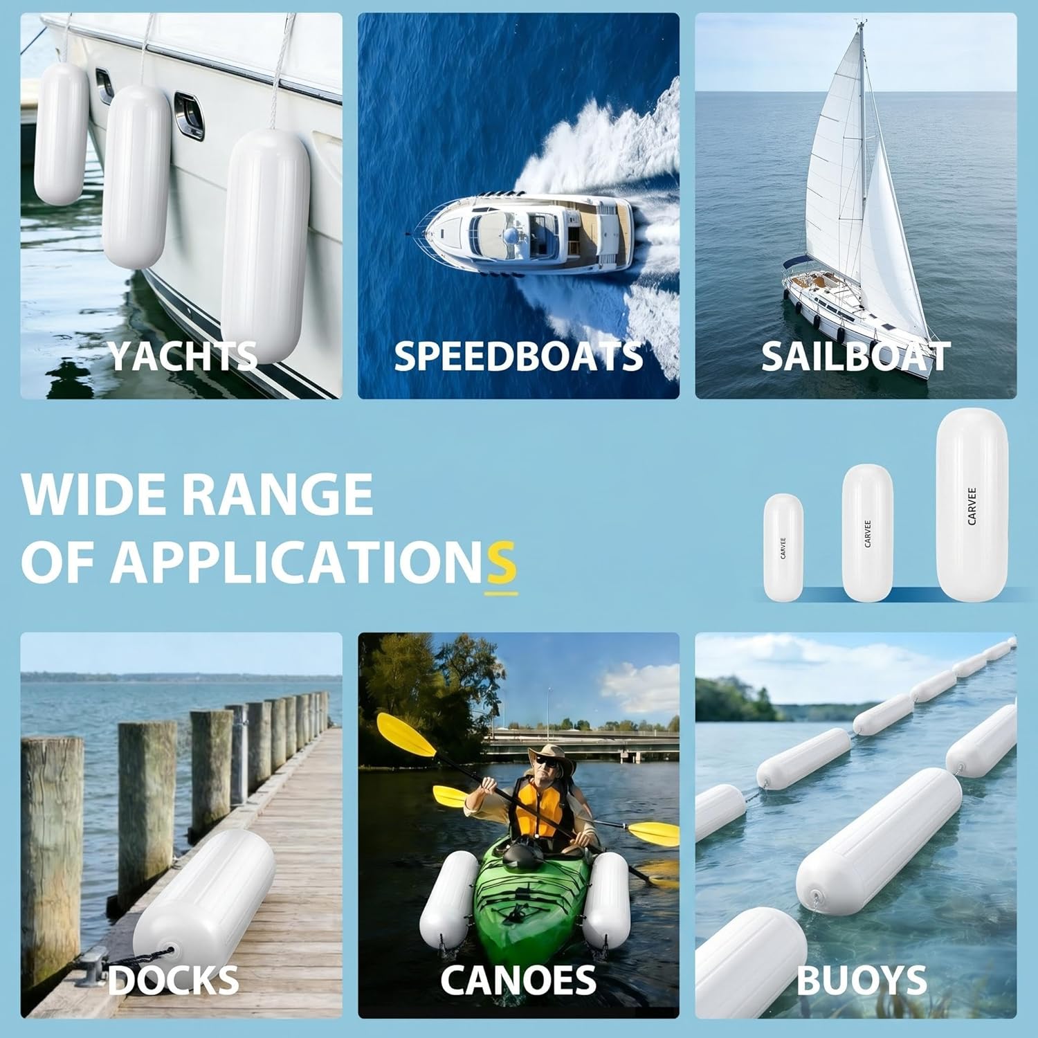 Garvee Protectores para Barcos 4 Piezas 25x71 cm PVC Resistente con Líneas de Amarre y Bomba para Muelles y Yates Blanco