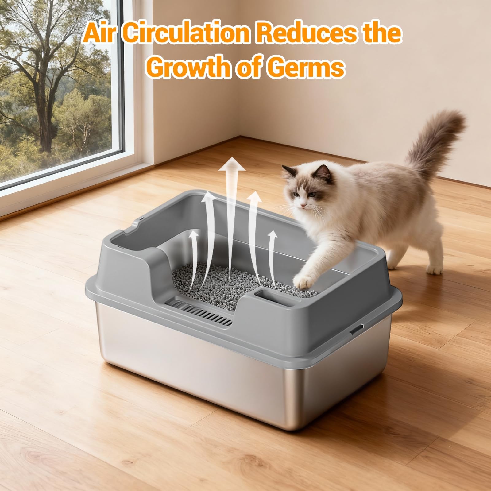 Garvee Arenero de Gato de Acero Inoxidable Talla L, con Pala, 27cm de Altura, Plata, para Hogares con Múltiples Gatos