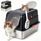 Garvee Caja de Arena Totalmente Cerrada de Acero Inoxidable para Gatos con Doble Puerta Negro