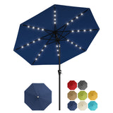 Garvee Sombrilla de patio exterior de 9 pies con 32 luces LED solares integradas, 8 varillas reforzadas, protección UV, impermeable, inclinación ajustable y apertura con manivela, ideal para jardín, piscina, terraza, color azul marino