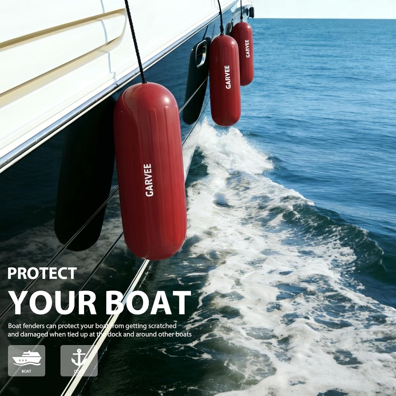 Garvee Protectores para Barcos 4 Piezas 25x71 cm Centro Acanalado PVC Resistente con Líneas de Amarre y Bomba para Amarre y Muelles Rojo