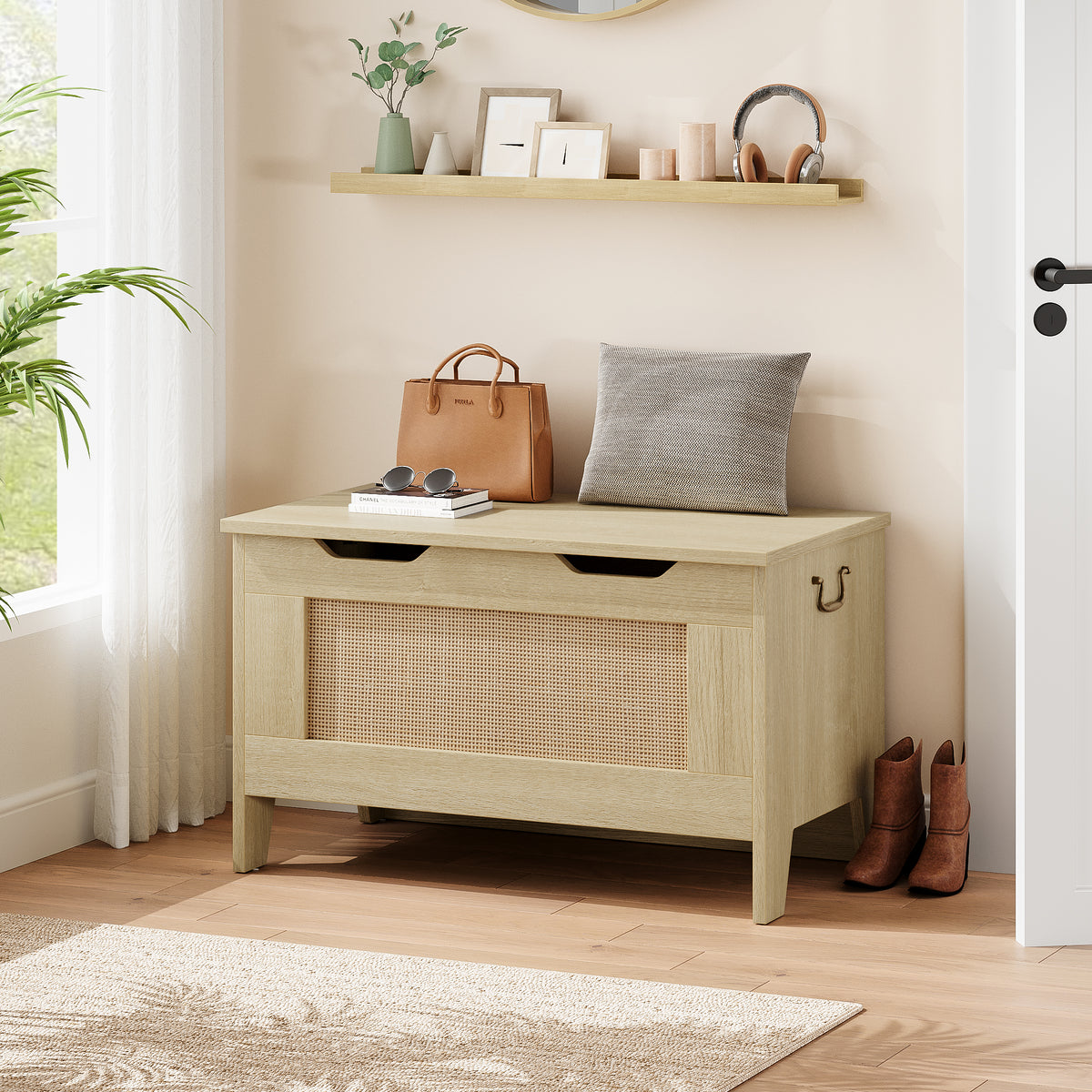 Garvee Baúl de Almacenaje de Madera 76x40x50 cm con Bisagra de Seguridad Banco Asiento Soporta 159 kg Madera Natural