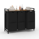 Garvee Organizador de Lavandería con Estante de Madera Resistente 3 Secciones con Bolsas Extraíbles de Gran Capacidad Estructura Metálica Negro