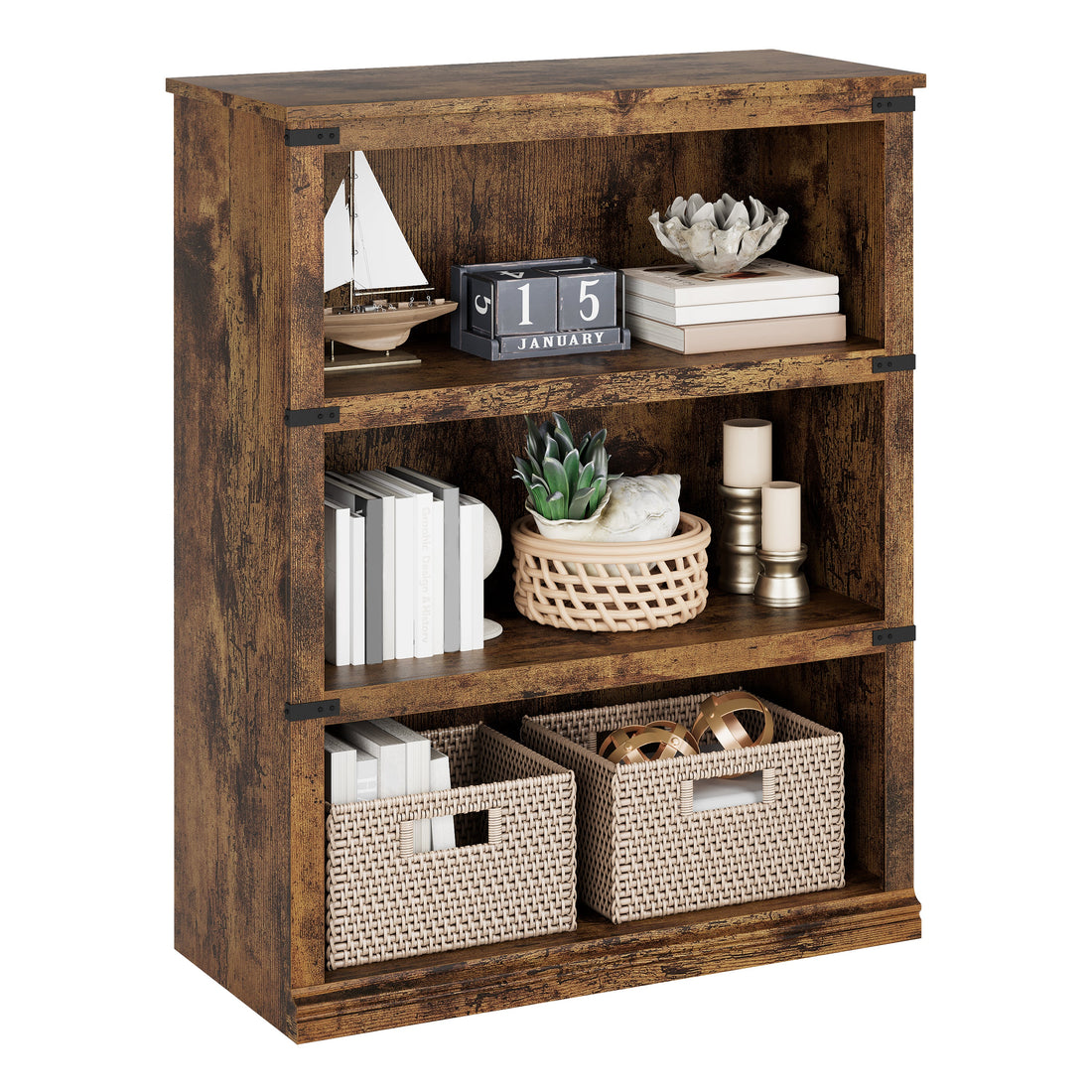 Garvee Estantería De 3 Baldas Estilo Granja, Madera MDF, Diseño Colonial, Alta Capacidad, Estable Para Sala O Oficina, Color Madera Vintage