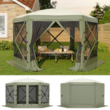 Garvee Cenador Plegable Hexagonal 4x4 m Carpa de Jardín con Mosquitera y 6 Paneles Cortavientos Impermeable Verde Militar - Verde Militar