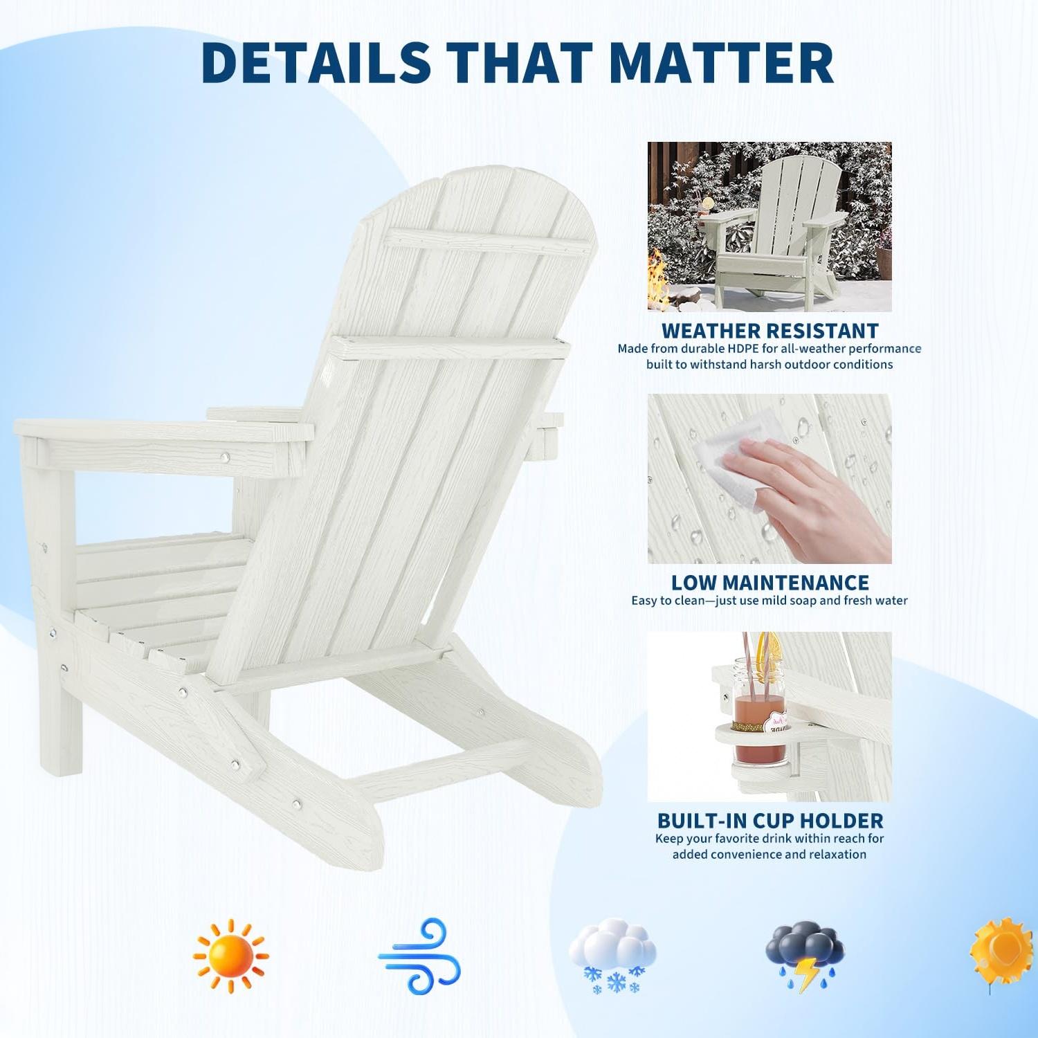 Garvee Silla Adirondack Plegable de HDPE con Textura de Madera, Sillón de Exterior Ergonómico con Portavasos para Terraza, Jardín, Piscina y Porche