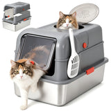 Garvee Caja de Arena Totalmente Cerrada de Acero Inoxidable para Gatos con Doble Puerta Gris