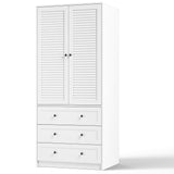 Garvee Armario Ropero de Madera 178cm, Armario de Dormitorio Blanco con 2 Puertas de Persiana, Barra de Colgar y 3 Cajones Grandes para Ropa y Hogar - Blanco