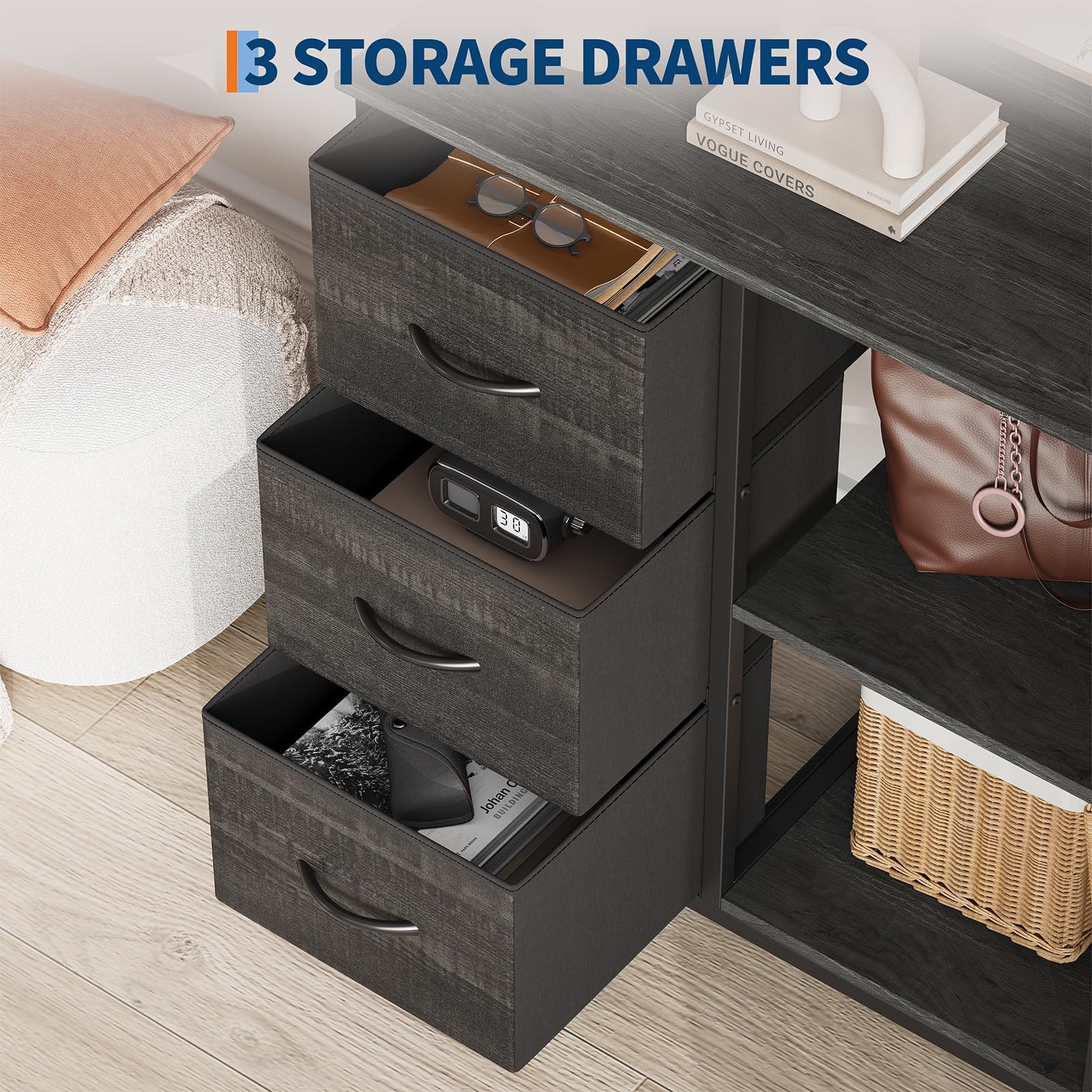 Garvee Archivador de 3 Cajones de Tela con Estantes Abiertos Soporte para Impresora Mueble Auxiliar de Oficina Negro