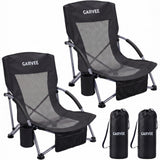 Garvee Juego de 2 Sillas de Playa Bajas Plegables Ligeras de Acero Resistente Soporta 136 kg con Respaldo de Malla Transpirable y Portavasos para Camping Picnic y Exterior Negro - Negro Con Tela Malla