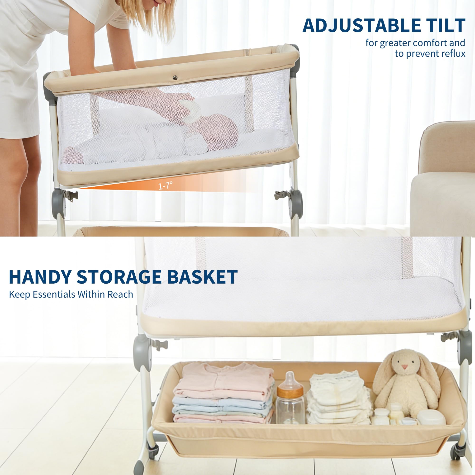 Sistema de altura ajustable en 6 niveles para alinear la minicuna a la cama