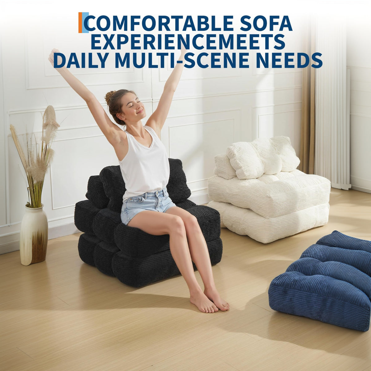 Garvee Sofá Cama Plegable 3 en 1 Individual Espuma Soporte Lumbar Ajustable Tela de Pana 85x190 cm Negro