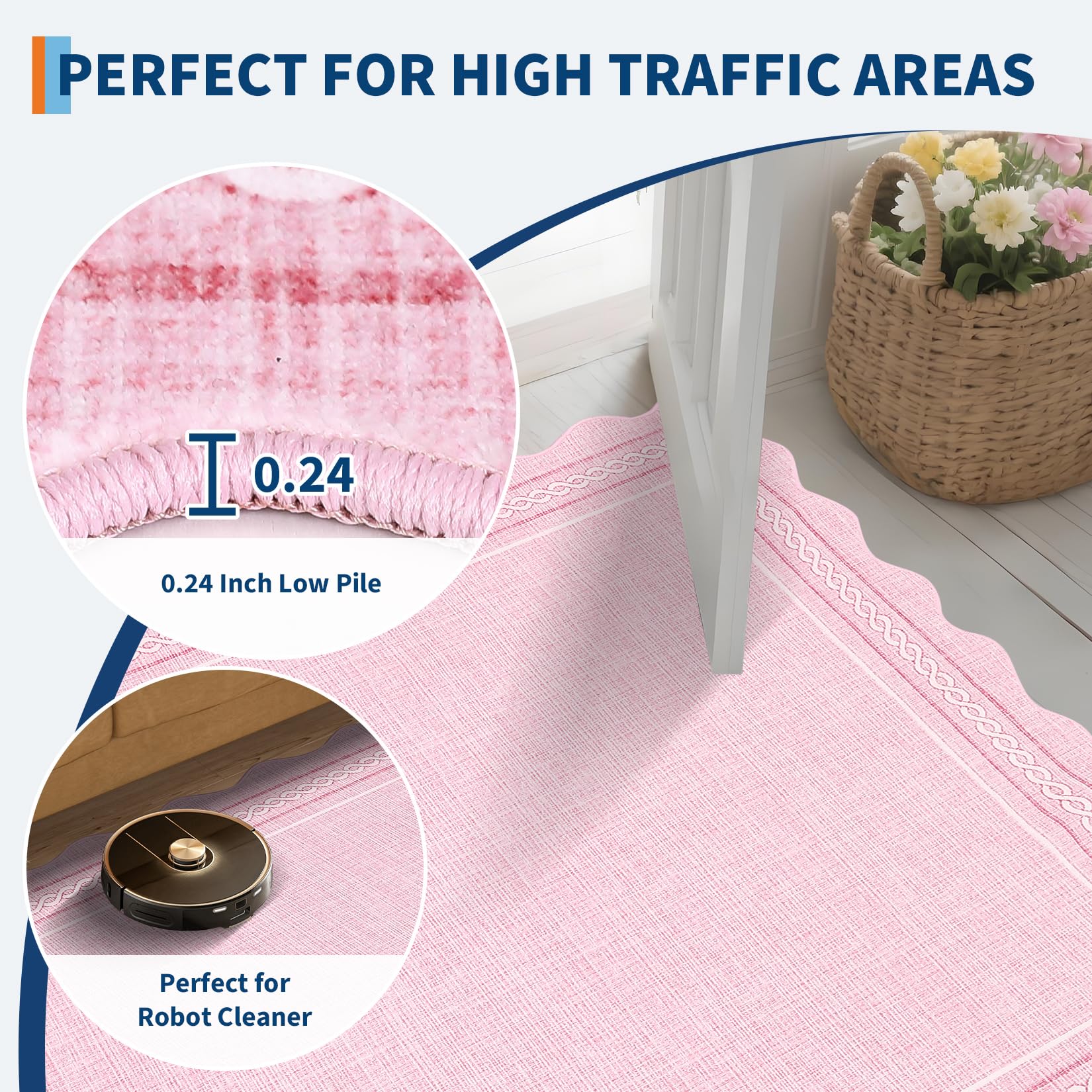 Garvee Alfombra Lavable con Borde Ondulado y Patrón Cuadros Rosa 160x230cm, Antideslizante TPR 1200gsm, Suave Fácil Limpieza para Salón Dormitorio y Oficina