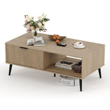 Garvee Mesa de Centro Rectangular de MDF y PB con Puerta Deslizante Ondulada para Sala de Estar Color Natural