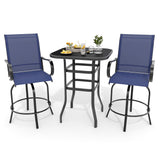 Garvee Conjunto de Bar para Patio Resistente Mesa Alta de Vidrio y 2 Sillas Giratorias Exteriores Tejido Textilene para Todo Clima Azul