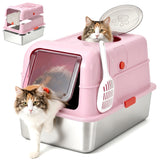 Garvee Caja de Arena Totalmente Cerrada de Acero Inoxidable para Gatos con Doble Puerta Rosa