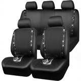 Garvee Juego de 9 Fundas Universales para Asientos de Coche de Cuero PU de Lujo Estilo Patchwork con Brillantes Decorativos Set Protector Completo Negro