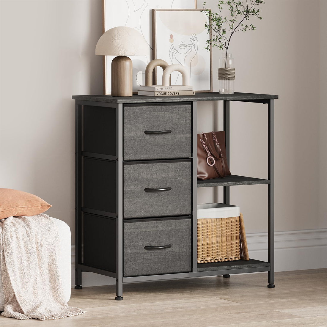 Garvee Archivador de 3 Cajones de Tela con Estantes Abiertos Soporte para Impresora Mueble Auxiliar de Oficina Negro