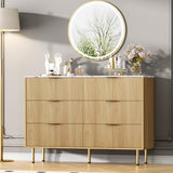 Garvee Comoda Moderna Ancha de Madera con Seis Cajones Acanalados y Tiradores Metalicos, Marmol y Madera Natural - Gris