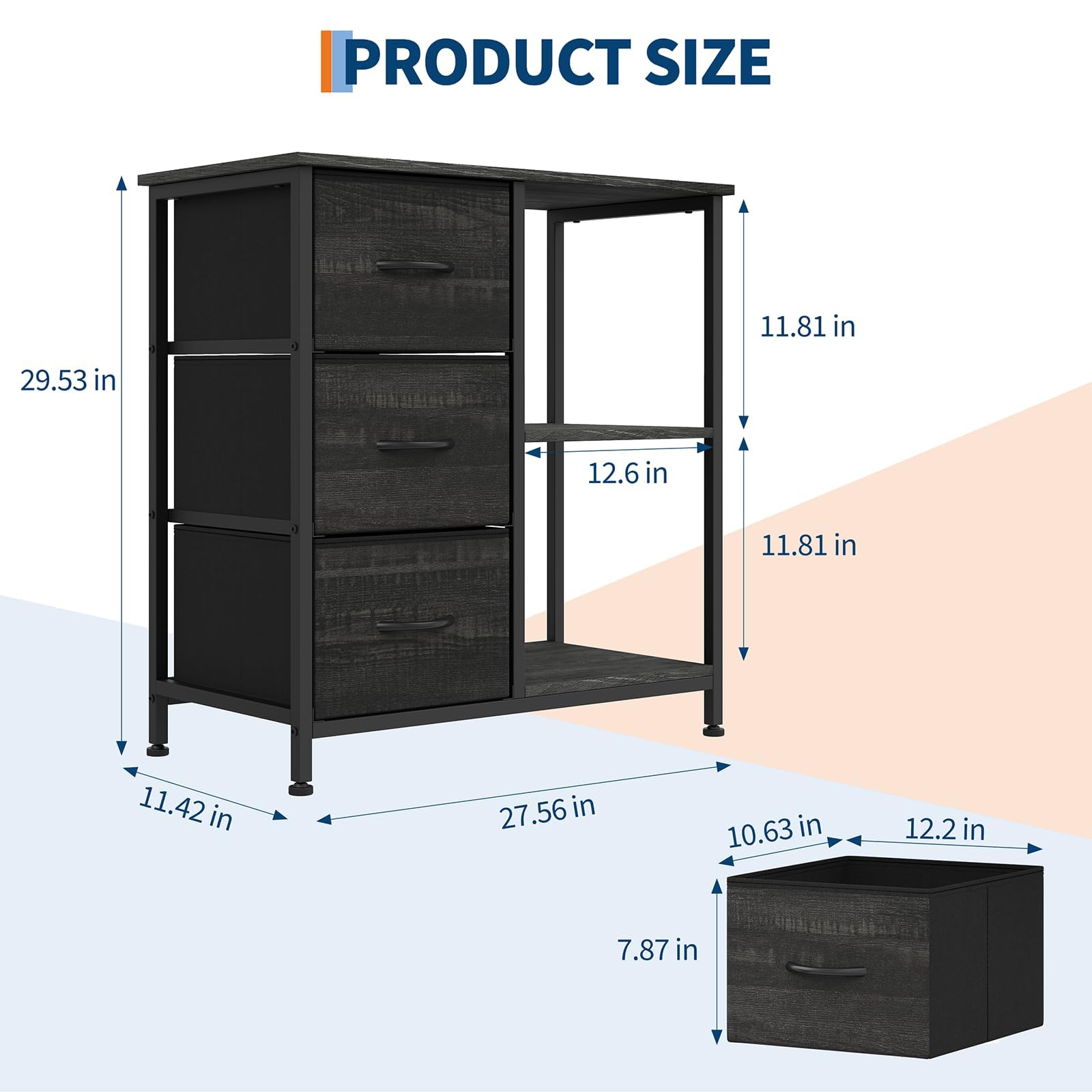 Garvee Archivador de 3 Cajones de Tela con Estantes Abiertos Soporte para Impresora Mueble Auxiliar de Oficina Negro