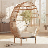 Garvee Sillon Mecedora Tipo Huevo de Exterior Resistente en Ratan con Cojines Gruesos Impermeables, Madera y Blanco - Madera + Blanco