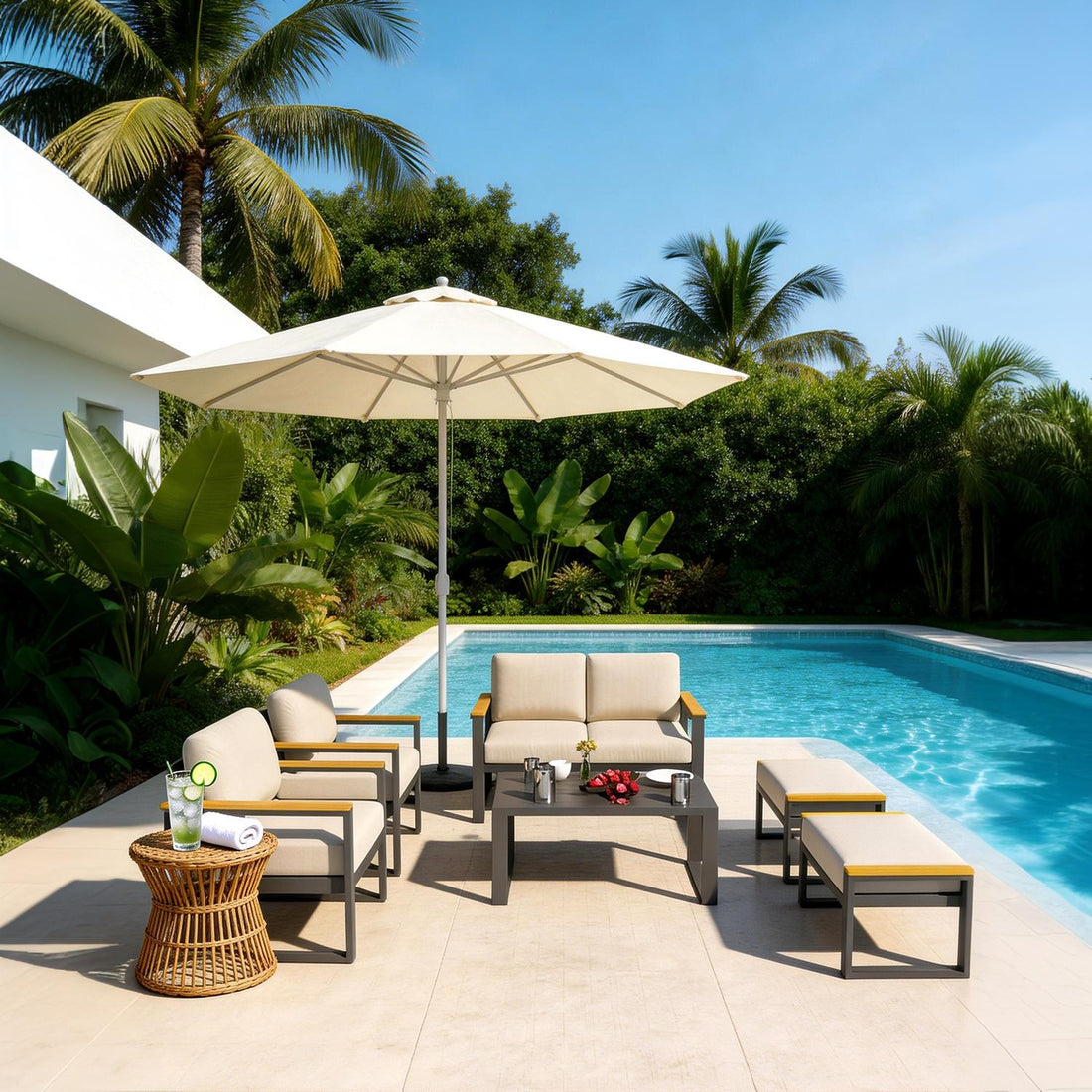 Garvee Set de 2 Reposapiés de Aluminio para Exterior Taburetes de Jardín con Cojines Extraíbles de 12.7 cm para Patio Terraza y Balcón Beige