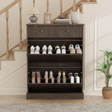 Garvee Zapatero Estrecho de Madera con 2 Cajones Abatibles y 1 Superior Diseño Acanalado Moderno Estantería Ajustable Nogal Negro