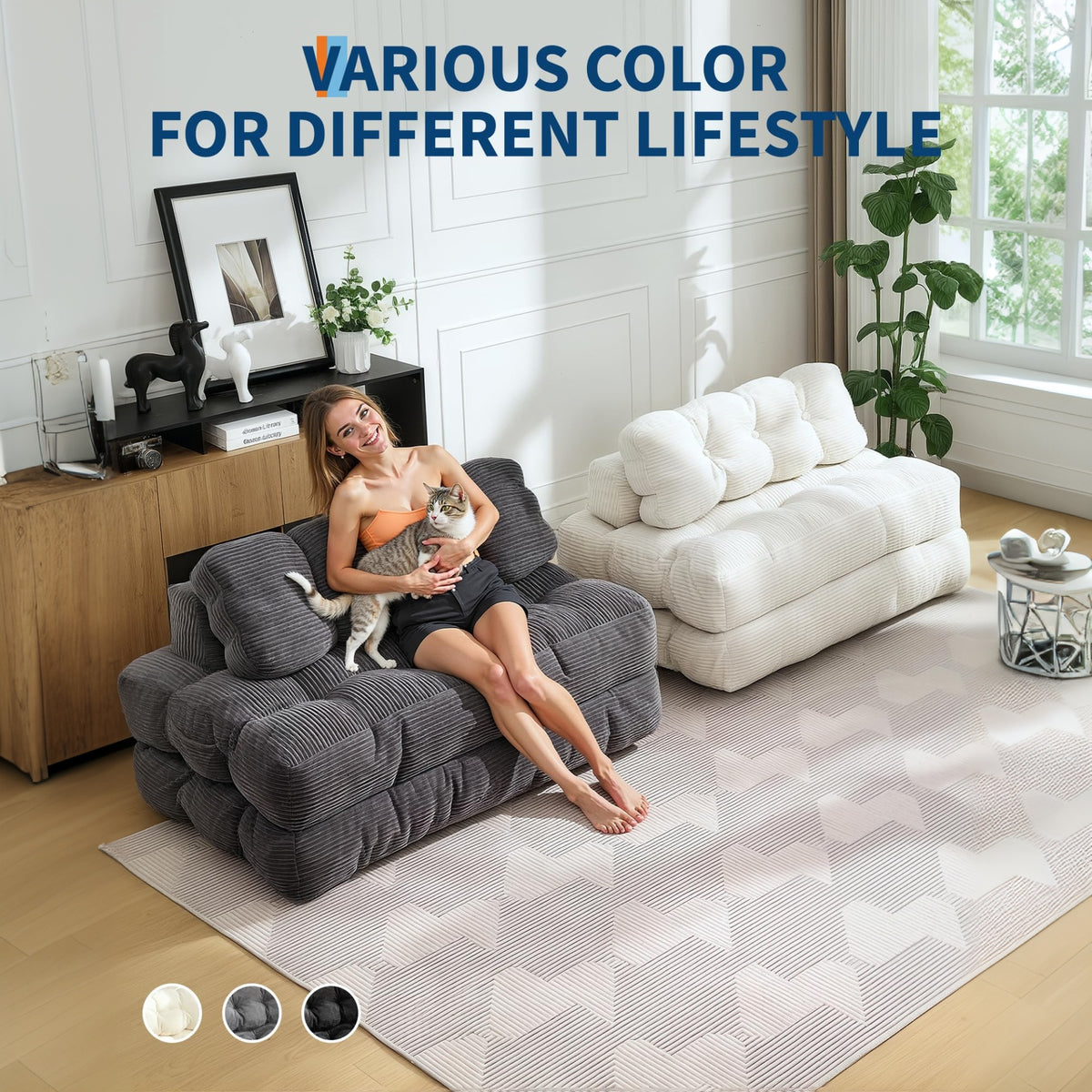 Garvee Sofá Cama Plegable 3-en-1 con Almohada y Espuma Desmenuzada, Tapizado en Corduroy Resistente a Mascotas, para Sala y Dormitorio, Beige Full, Versátil y Cómodo