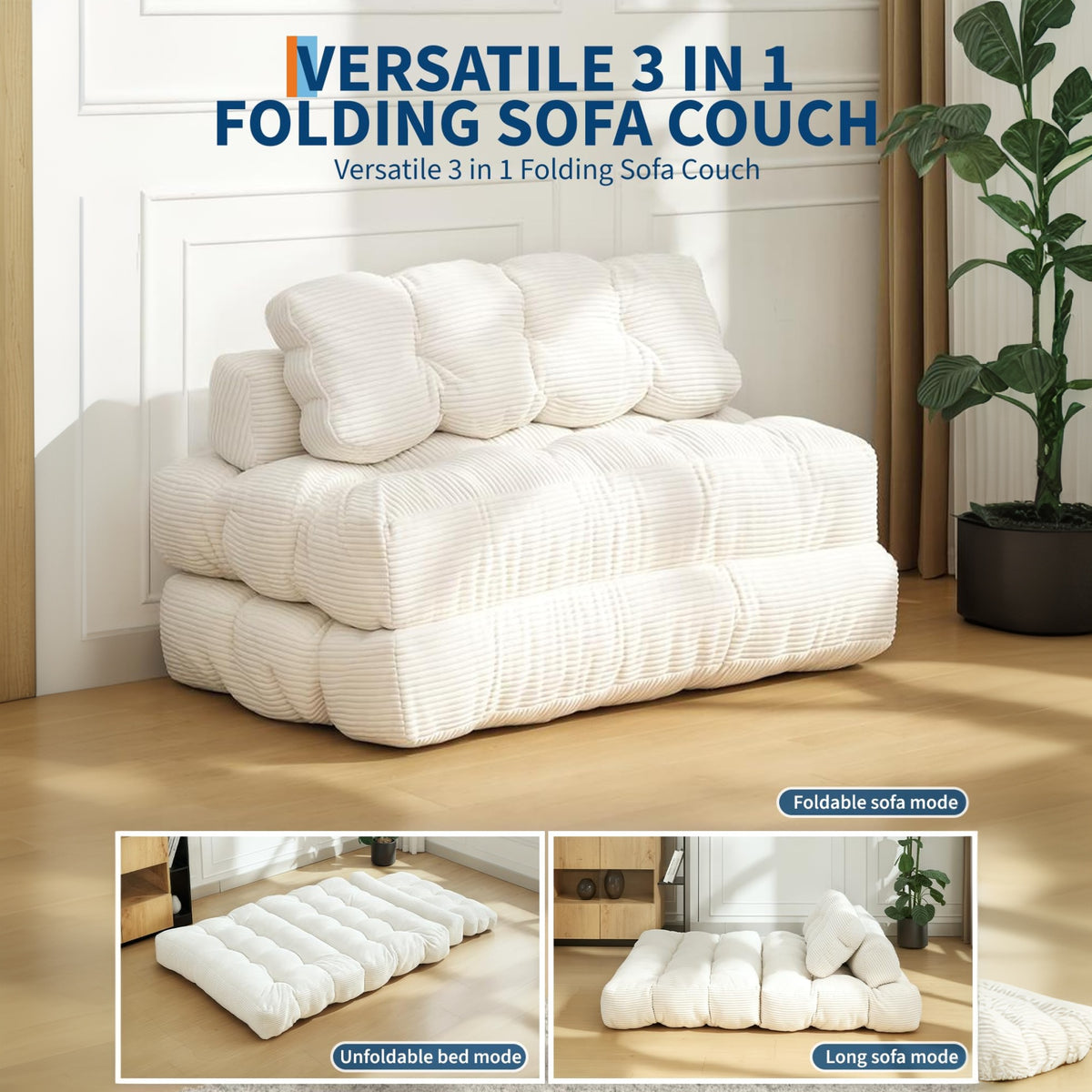 Garvee Sofá Cama Plegable 3-en-1 con Almohada y Espuma Desmenuzada, Tapizado en Corduroy Resistente a Mascotas, para Sala y Dormitorio, Beige Full, Versátil y Cómodo