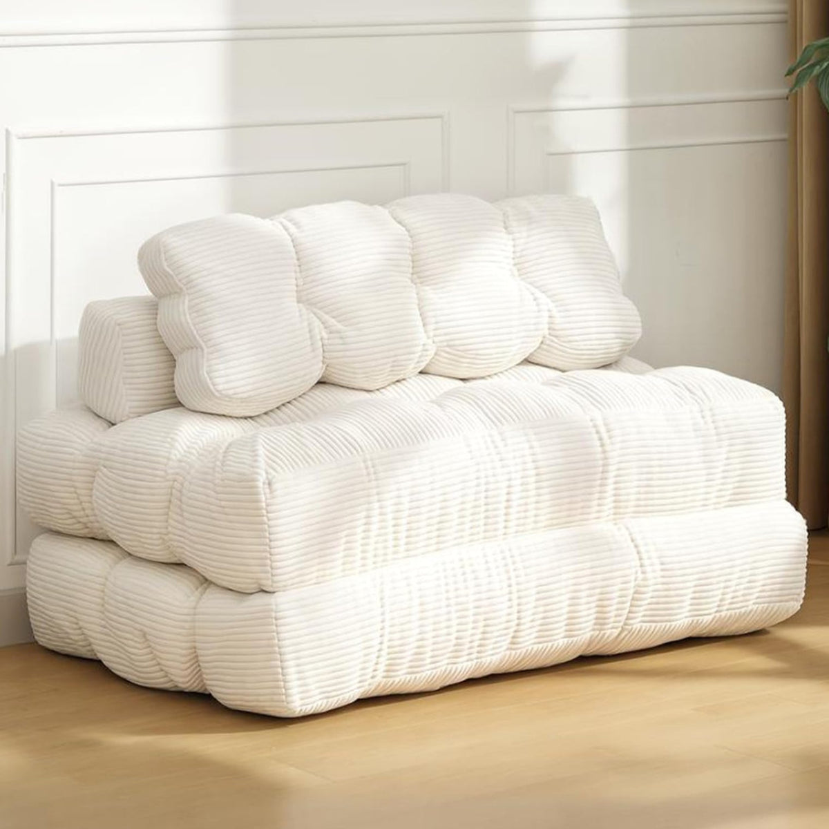 Garvee Sofá Cama Plegable 3-en-1 con Almohada y Espuma Desmenuzada, Tapizado en Corduroy Resistente a Mascotas, para Sala y Dormitorio, Beige Full, Versátil y Cómodo