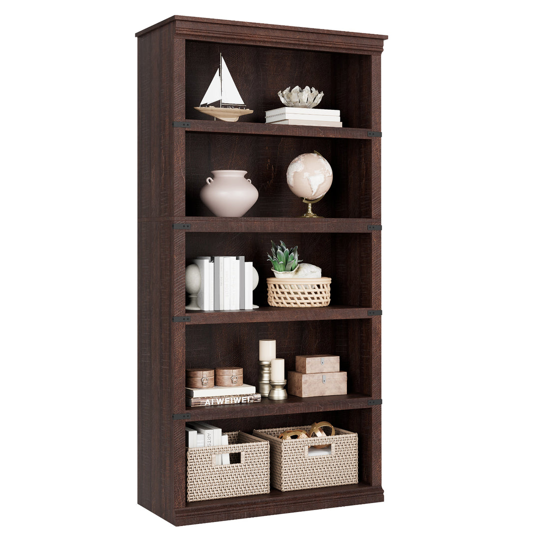 Garvee Estantería de Madera de 5 Niveles, Diseño Colonial, Alta Capacidad, 171 cm Alta, MDF y Marco de Madera, Estabilizador para Sala y Oficina