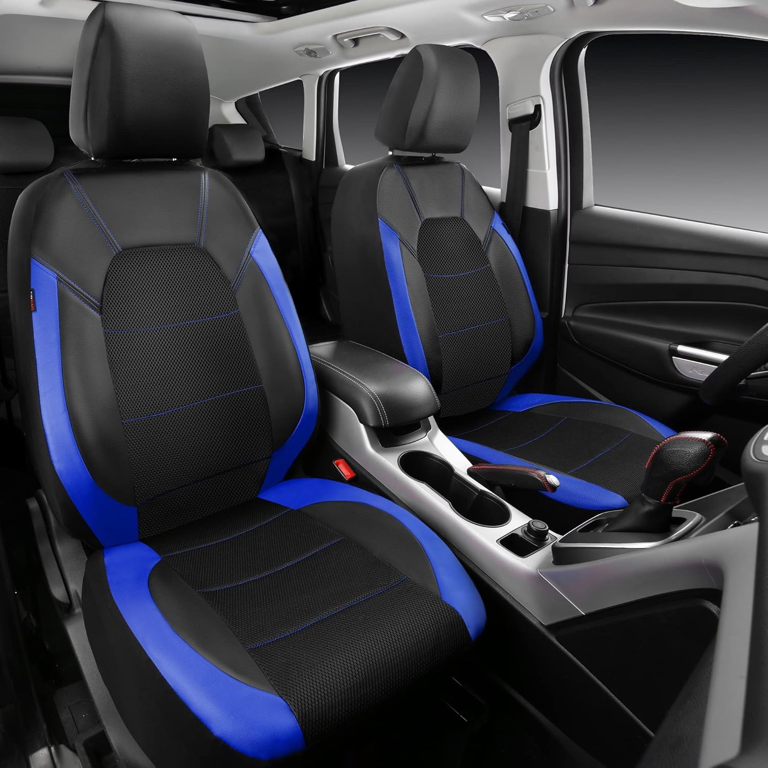 Detalle del cuero PU y las costuras de las fundas de asiento de coche
