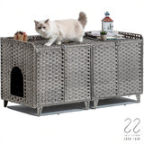 Garvee Mueble Oculto para Caja de Arena de Gatos de Ratán PE y Metal con 2 Compartimentos y Ganchos 120x50x61 cm Gris - Gris