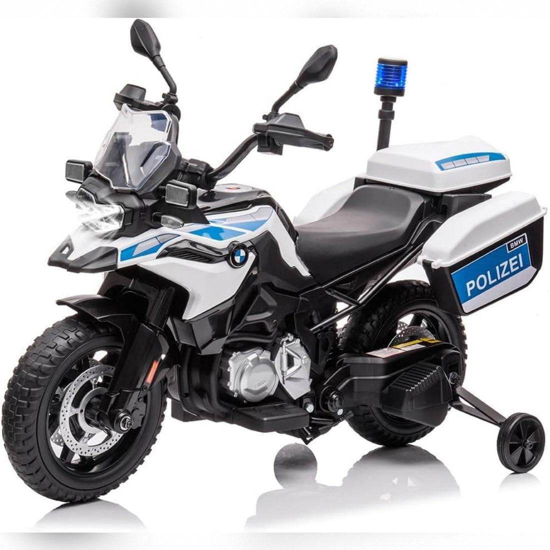 Garvee Motocicleta Infantil Policía 12V 7Ah, 2 Velocidades y MP3, Material Duradero, LED y Suspensión, Ruedas de Apoyo, 3-6 años, Exterior, Blanco