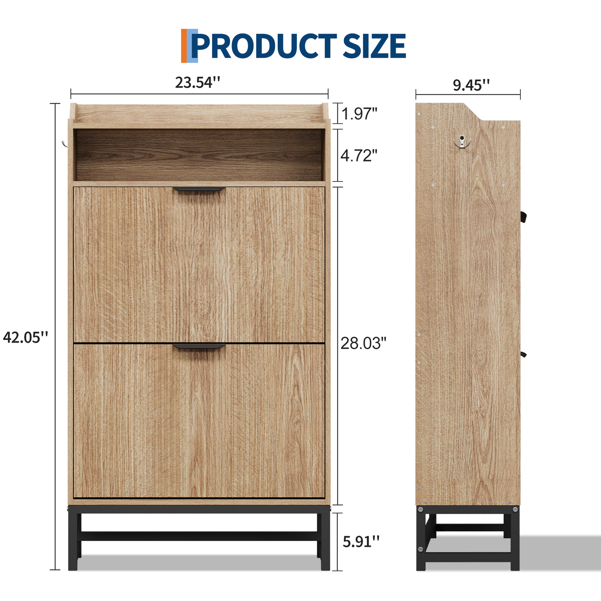 Garvee Zapatero Estrecho Moderno de Madera Acanalada con Dos Cajones Abatibles Estante Abierto y Tiradores Dorados, Color Madera Natural
