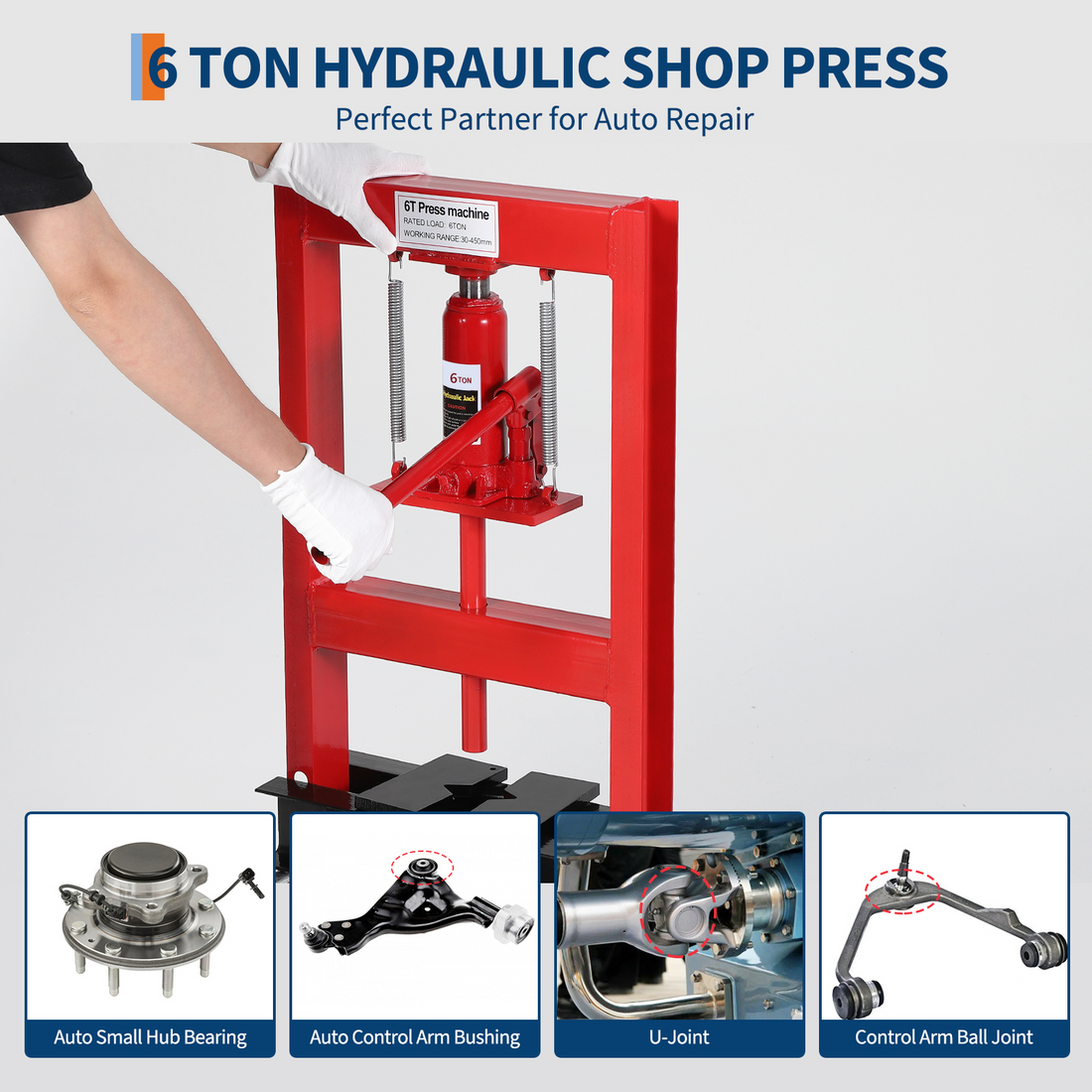 Garvee Prensa Hidráulica para Taller Prensa Hidráulica para Garaje/Tienda con Marco en H de 6 T Prensa Ajustable para Taller con Placas de Prensado Prensa Hidráulica de Alta Resistencia para Garaje, Acero Carbono, Rojo y Negro