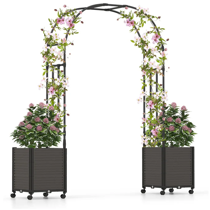 Garvee Arco de Jardín con Jardinera y Ruedas 120x240 cm, Set de Cama de Cultivo Profunda con Enrejado para Plantas Trepadoras, PP Resistente, Negro