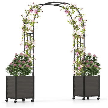 Garvee Arco de Jardín con Jardinera y Ruedas 120x240 cm, Set de Cama de Cultivo Profunda con Enrejado para Plantas Trepadoras, PP Resistente, Negro