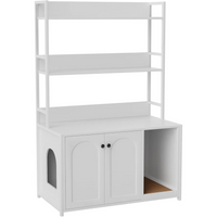 Garvee Mueble Arenero para Gatos con 2 Estantes y Alfombrilla Rascadora, Armario de Interior Multifuncional, Ahorro de Espacio, Blanco