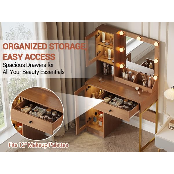 Garvee Tocador de Maquillaje con Espejo y Luz LED MDF Robusto con Cajones y Puertos USB para Dormitorio Natural