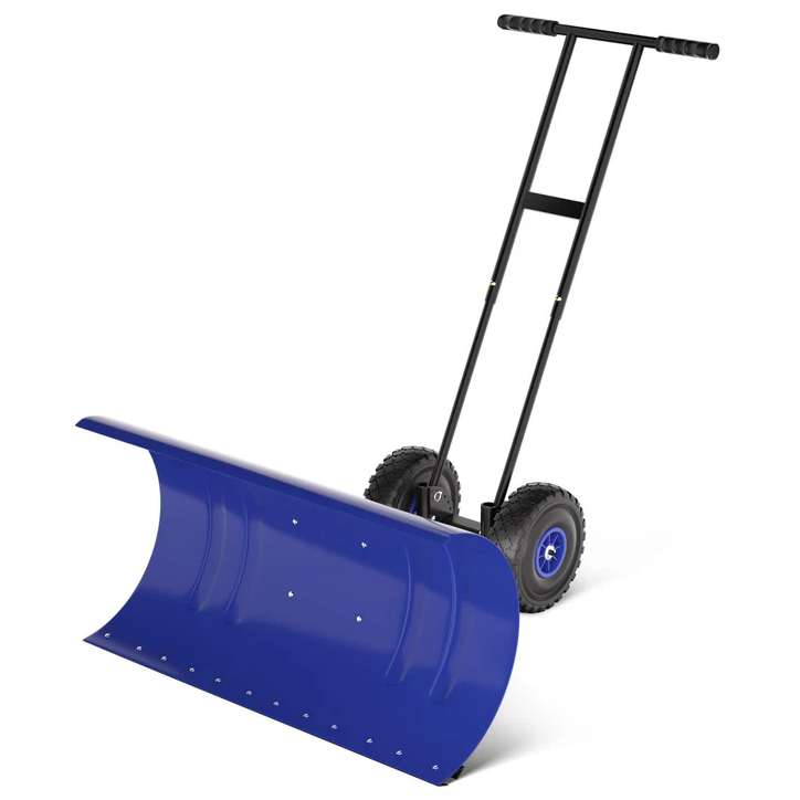 Garvee Pala de Nieve de Acero Galvanizado 73.66 Cm con Ruedas, Hoja Ajustable 7 Posiciones, Mango Ergonómico 5 Niveles, Estructura Duradera para Hogares y Negocios en Entradas y Aceras, Azul