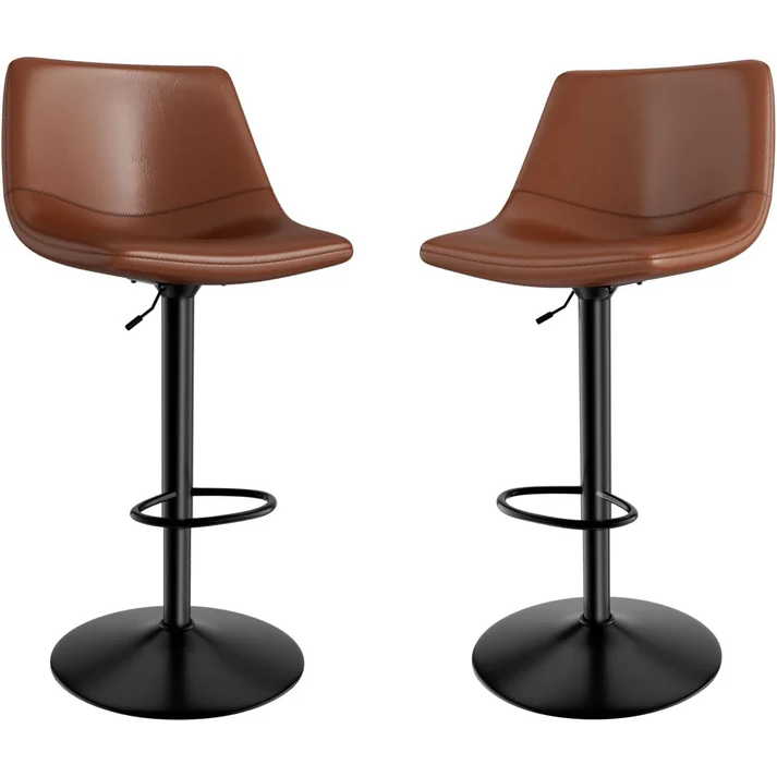 Garvee Set de 2 Taburetes de Bar Ajustables y Giratorios, Cuero PU Café Estructura Hierro Negro Diseño en S, para Cocina y Barra