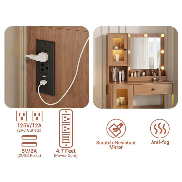 Garvee Tocador de Maquillaje con Espejo y Luz LED MDF Robusto con Cajones y Puertos USB para Dormitorio Natural