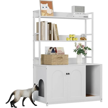 Garvee Mueble Arenero para Gatos con 2 Estantes y Alfombrilla Rascadora, Armario de Interior Multifuncional, Ahorro de Espacio, Blanco