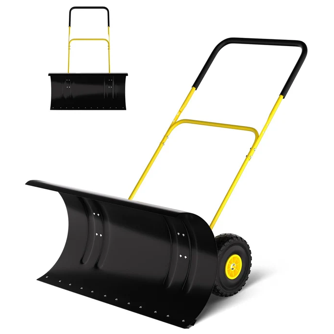 Garvee Pala Quitanieves con Ruedas de 74 cm Hoja de Acero al Carbono Doble Mango Ajustable e Inclinación de 60° para Entradas Aceras y Garaje Amarillo y Negro
